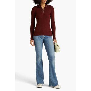 SANDRO Brown Acrylic Wool Blend Ribbed Knit 1/2 Zip Slim Fit Sweater, Size 1/S